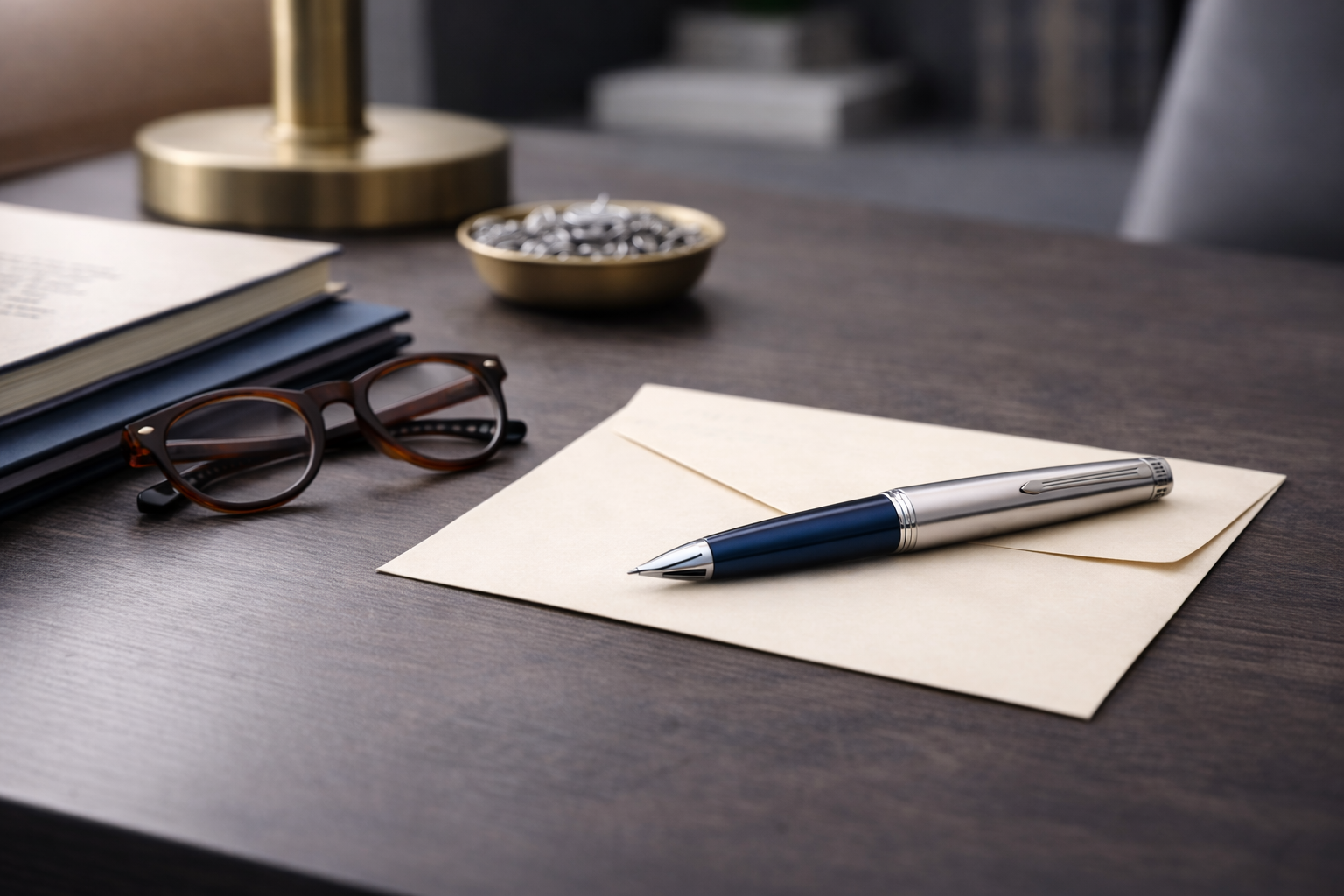 Desk with pen and paper